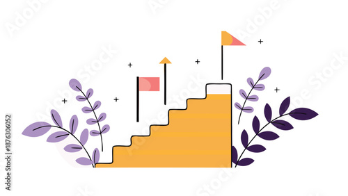 Stunning staircase with flags and purple plants on white background