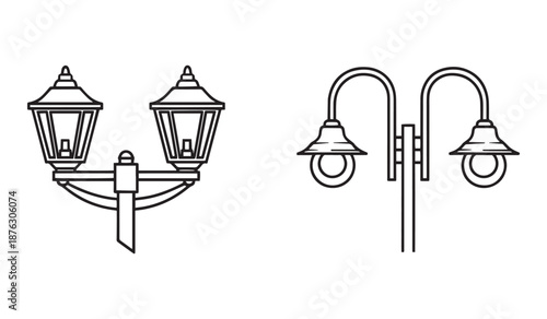 Black line drawing of two outdoor street lamps