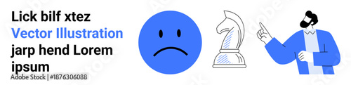 Emotional intelligence, strategic thinking, mental health, decision-making, analysis, human interaction. A sad blue face, chess knight and man pointing. Mental health and strategic thinking concept