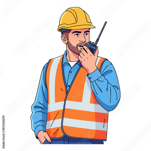 Male industrial site foreman using radio in orange safety vest, transparent background, isolated, vector