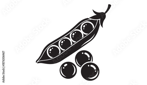 Black silhouette of pea pod and peas isolated on white background