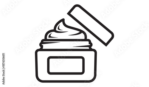Black and white line art of cream jar with lid open isolated on white background