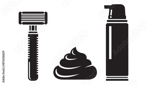 Shaving razor, shaving cream, and aftershave icons isolated on white background