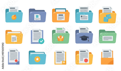 Cute folder and file type icons flat cartoon vector collection isolated on transparent background