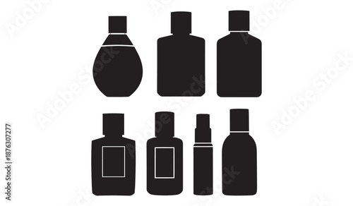 Black silhouettes of various perfume bottles isolated on white background