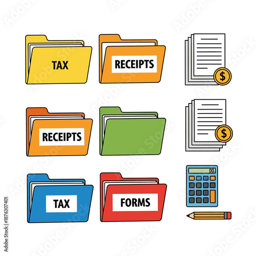 Colorful business office supplies icons for organization and finance management tools