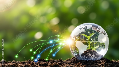 Sustainable ecology and green energy technology. Environmental protection and global connectivity. Plant growing inside glass globe on soil with digital data lines and bokeh background