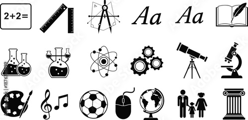 Education and knowledge icon set with math, science, art, sports, technology, and family symbols black vector illustration