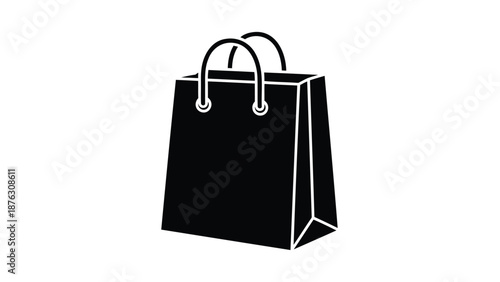 Black shopping bag with white outline and handles on a plain white background for retail or commerce use