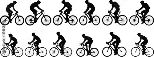 Bicycle rider silhouette comparison vector illustration with mountain and road bike poses for cycling, sport, fitness, and motion themes