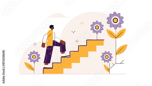 Young professional climbing career success ladder with flowers