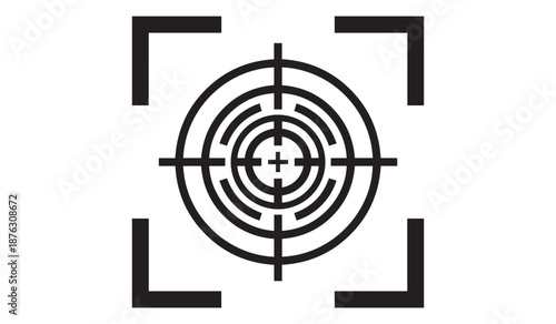 Black target symbol with concentric circles and crosshairs isolated on white background