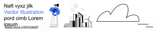 Sustainable energy, urban development, technology integration, renewable resources, digital transformation, cloud computing. Stylized urban cityscape, wind turbines, cloud shape person examining