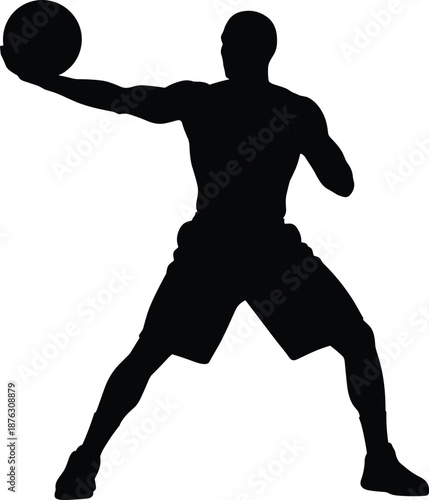 Athletic man silhouette throwing medicine ball, powerful fitness training action, strength workout concept, muscular body exercise vector illustration