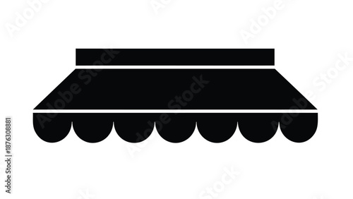 Black scalloped awning with white trim on a plain background