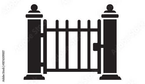 Black gate with two posts isolated on white background
