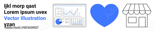 Data dashboard with charts, a blue heart icon, and a black-and-white shop to represent analytics, love, and commerce. Ideal for business, marketing, retail, relationships analysis branding simple