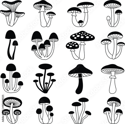 Black and white mushroom icon grid vector illustration with 16 stylized fungi designs for botanical, nature, sketch, and educational themes