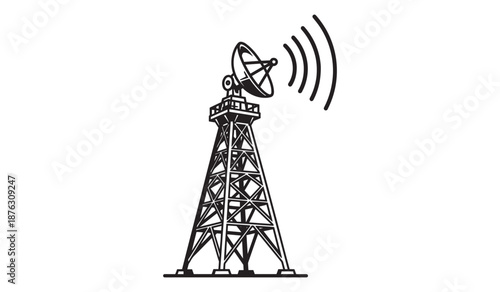 Black and white satellite tower with signal waves emitting