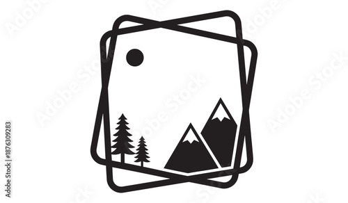 Black and white mountain landscape with trees and sun