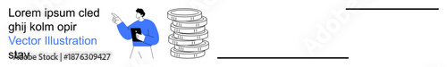 Financial planning, business strategy, savings, investments, money growth, wealth management. A man with a clipboard points to coin stacks. Financial planning and business strategy concept