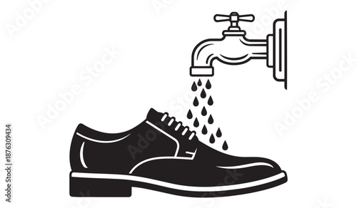 Black leather dress shoe with water dripping from faucet isolated on white background