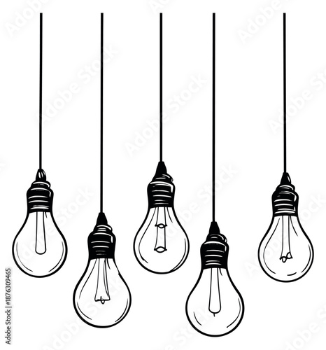 Hand drawn line art lightbulb set featuring hanging incandescent lamps for ideas and electricity concepts