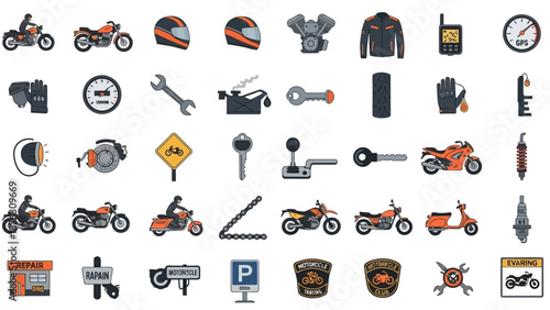 Motorcycle and bike parts icons.