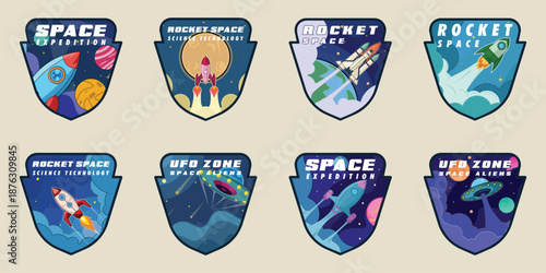 set of rocket space emblem logo vector illustration template icon graphic design . bundle collection of various Galaxy Exploration Shields and Cosmic Mission sign or symbol for technology astrology