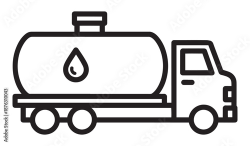 Black line art of a water tanker truck isolated on white background
