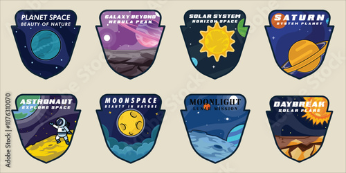 Set of Space Expedition emblem logo vector illustration template icon graphic design . bundle collection of various Galaxy Adventure Shields sign or symbol for Mission Patches