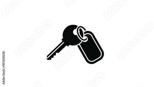 Black key with tag icon symbolizing access and security on white background