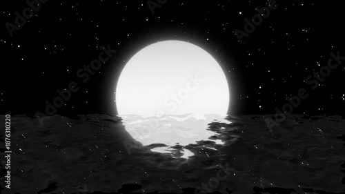 Full Moon Rising Over Dark Ocean Waves Under Starry Night Sky
