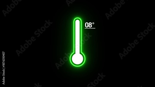 green color Neon line and white color Medical thermometer icon animation on black background . Thats indicates weather temperature 08°C .Thermometer equipment showing hot or cold weather.