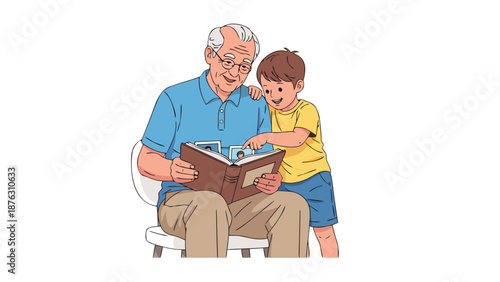 Grandpa showing family photos to grandchild while sitting together, white background, isolated, vector
