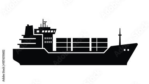 Large cargo ship silhouette with containers on deck sailing on calm waters in black and white