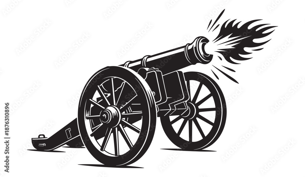 Fototapeta premium Black cannon firing isolated on white background