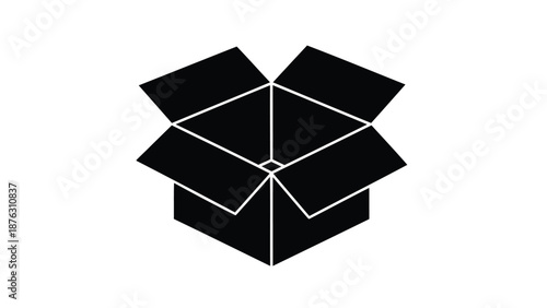 Black open cardboard box with white lines on a plain white background for packaging and delivery concepts