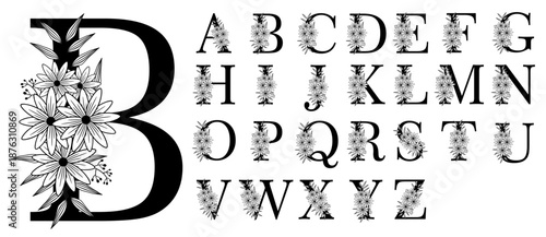 Flowers Alphabet Monogram Letters, Font Botanical Vector design set