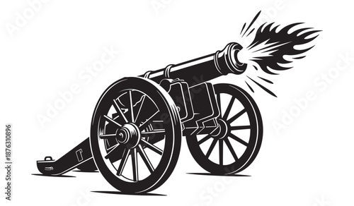Black cannon firing isolated on white background