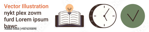 Education, productivity, goal tracking, planning, learning, task completion. Open book with light bulb, clock and green checkmark. Knowledge and productivity concepts