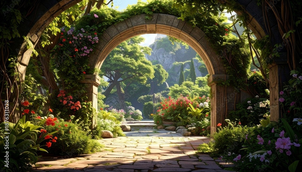 Fototapeta premium Lush garden viewed through vine-covered stone archway, blooming flower beds, trimmed hedges, central flowering tree, soft natural light, serene atmosphere, harmonious nature and architecture.