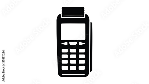 Black payment terminal with keypad and screen on white background for finance and transaction concepts