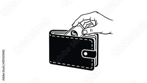 Hand putting money into a black leather wallet with white stitching on a plain background