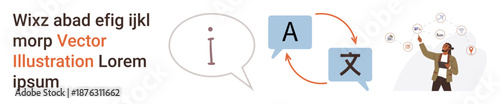 Translation services, global connectivity, language learning, linguistic solutions, communication tools, technology. Speech bubble, arrows between text symbols, and person gesturing globally