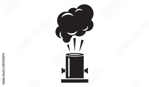 Black smoke coming out of a cylindrical pipe isolated on white background