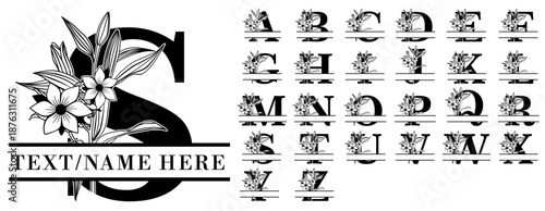 Wildflowers Split Monogram Letters Font Alphabet Vector Design