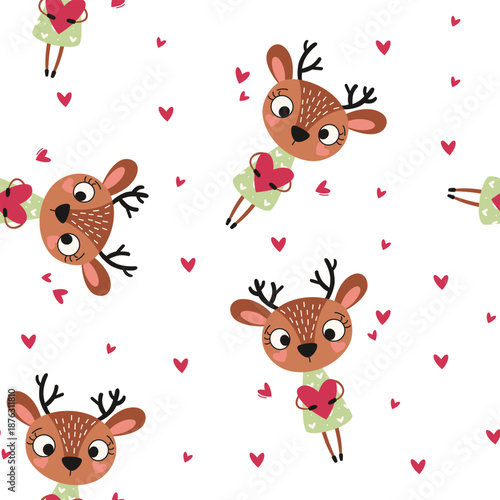 Seamless vector pattern. Cute deer in a dress holding a heart, flat vector illustration on the theme of Valentine's Day. Vector illustration