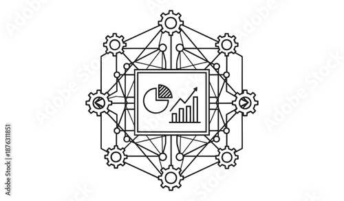 Business infographic with gears and graphs isolated on white background