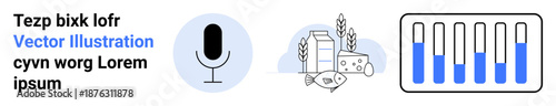 Microphone icon, dairy products with fish and wheat, bar chart depicting data analysis. Ideal for technology, food industry, analytics, voice recognition, agriculture, productivity simple landing